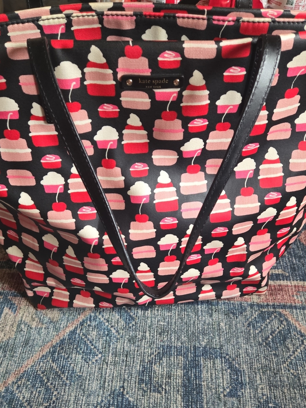 kate spade Black Tote with Pink & Red Cupcake Print